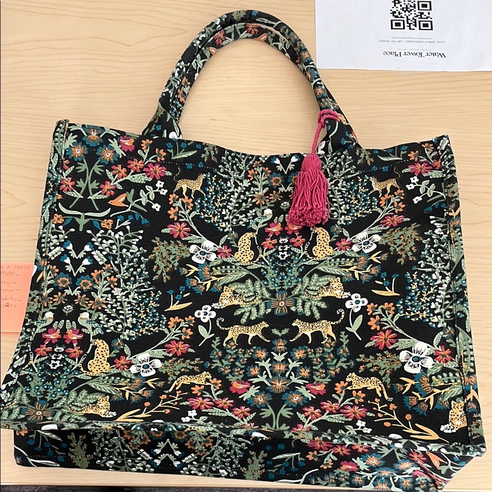 Floral Patterned Tote Bag with Pink Tassel